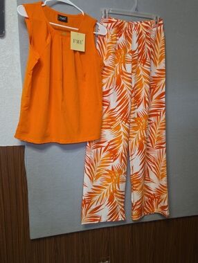FME Makeover Essentials Orange Sleeveless Top & Tropical Print Pants Set Small S